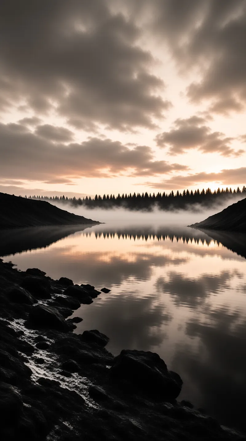 A tranquil river reflects orange sky hues while dark rocks line the banks and fog covers the trees