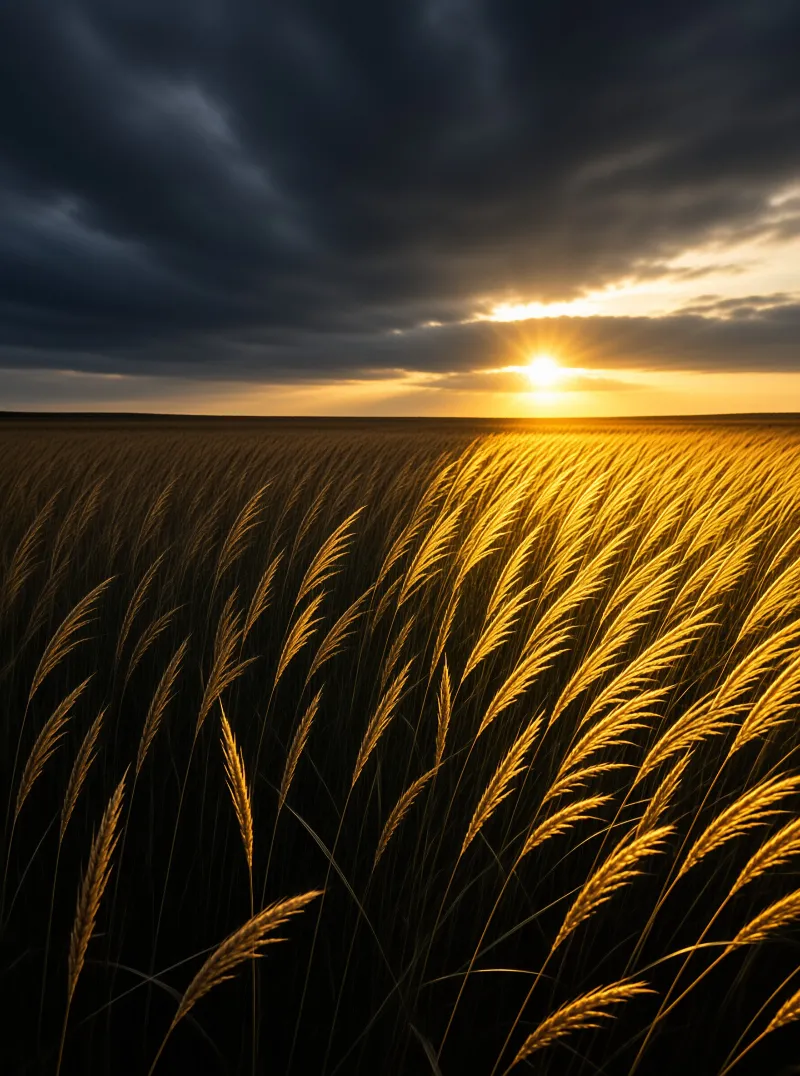 Tall golden grasses bend in the wind while the sun shines brightly through dark heavy clouds above the horizon.