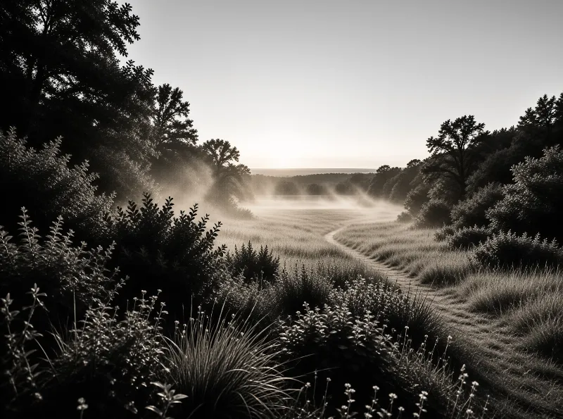 A narrow trail curves through tall dewy grass between forest edges as low fog drifts across the meadow in soft dawn light.