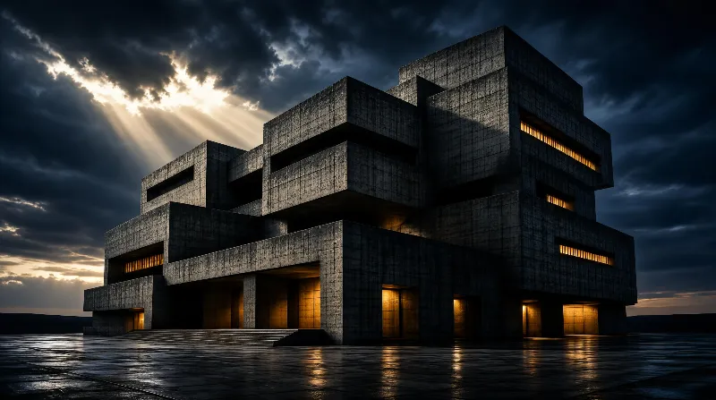 Brutalist Concrete Building at Dusk