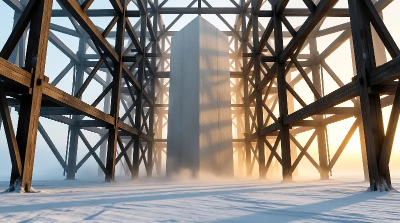 Rows of crossed wooden beams march across a frozen plain, parting around a pale pillar lit by a low winter sun.