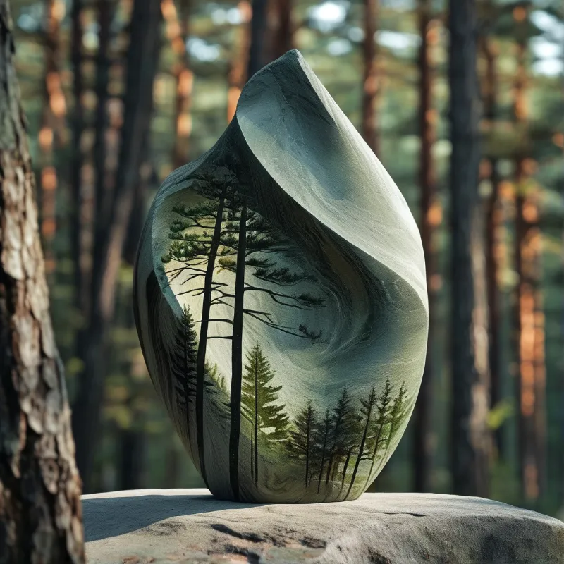 Sculpted stone with forest pattern rests on a rock in sunlit pine forest, light casting dappled shadows on the smooth form.
