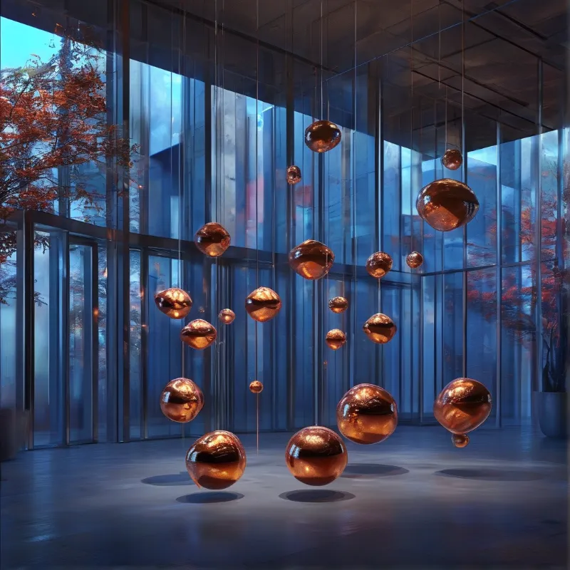Shiny copper balls float in a large room with floor to ceiling windows showing autumn trees outside.