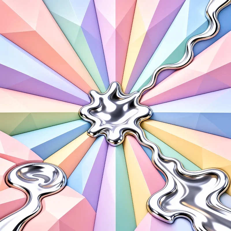 A reflective silver liquid form rests atop radiating pastel geometric shards.