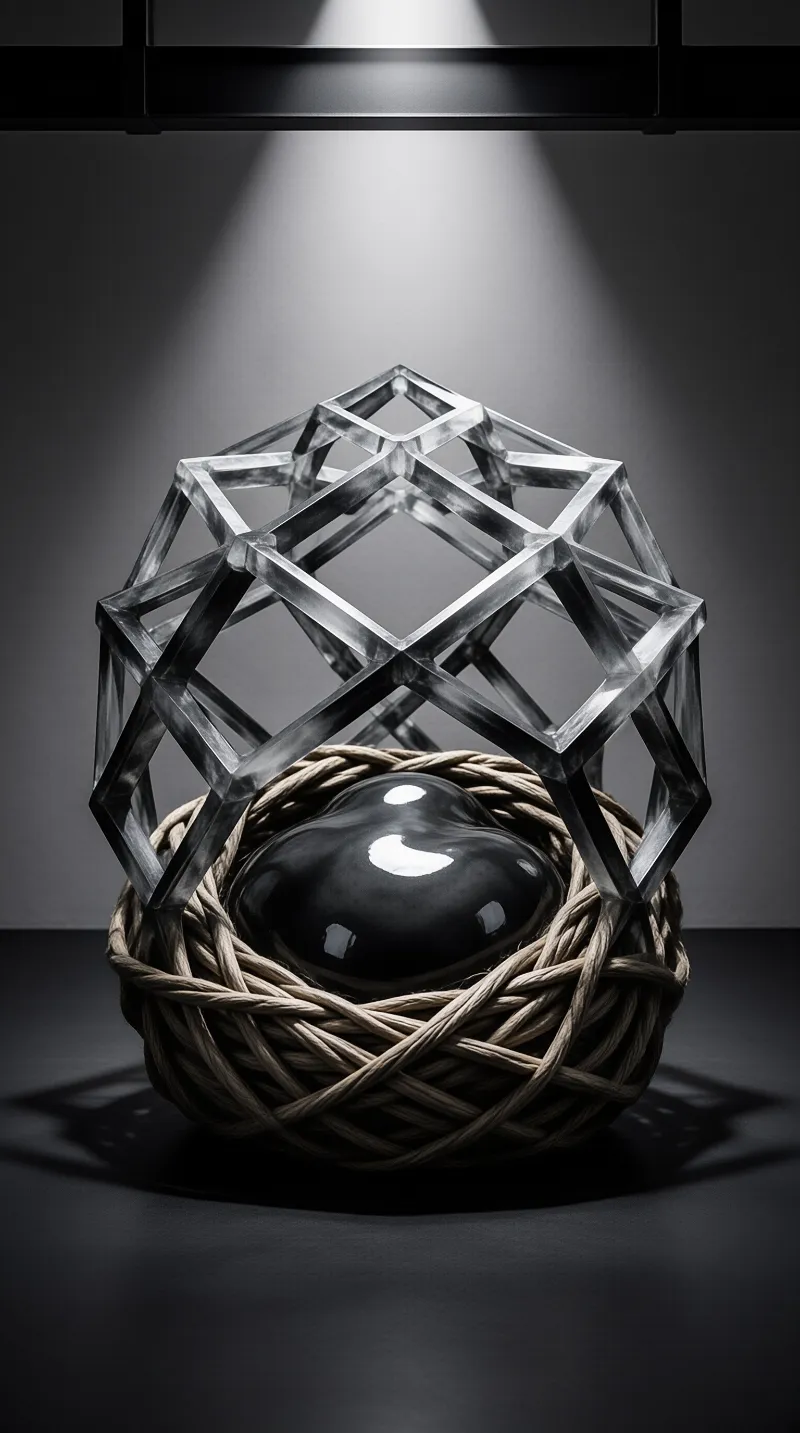 A transparent polyhedral lattice rests above a woven basket containing a glossy black sphere lit by a top spotlight.