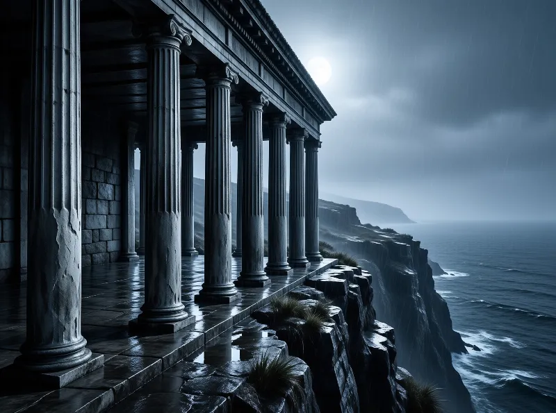 Ancient columns stand on a cliff edge overlooking a dark ocean under a rainy night sky with a bright moon visible.