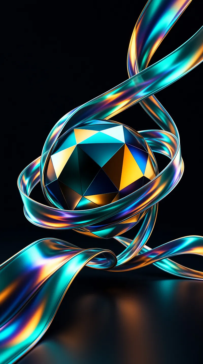 A polygonal faceted iridescent orb is wrapped in twisted reflective blue and gold ribbons against a solid dark background.
