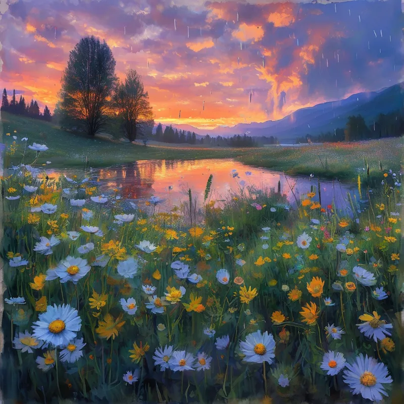 A painted landscape shows a meadow of white daisies and yellow flowers bordering a pond that mirrors a vibrant sunset sky with pink clouds.