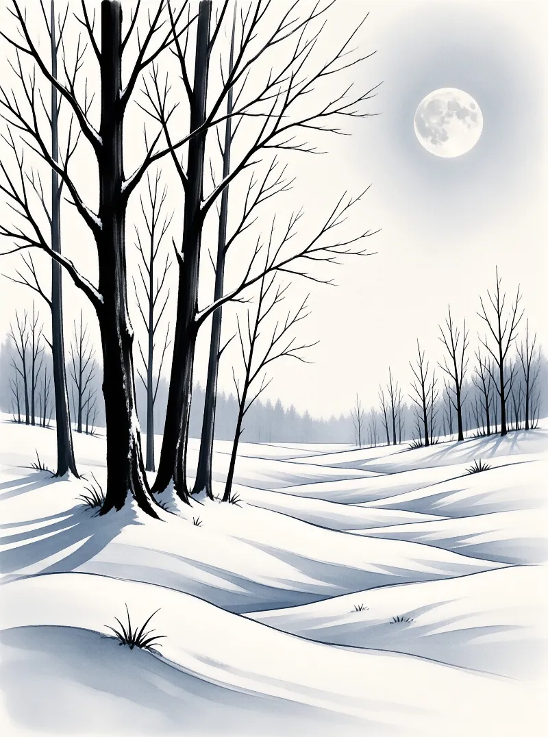 A minimalist landscape features tall dark trees casting long shadows on white snow beneath a bright full moon.