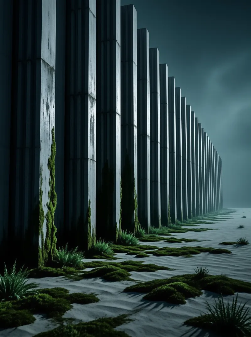A receding row of weathered concrete pillars stands in fog while green moss spreads across the damp terrain.