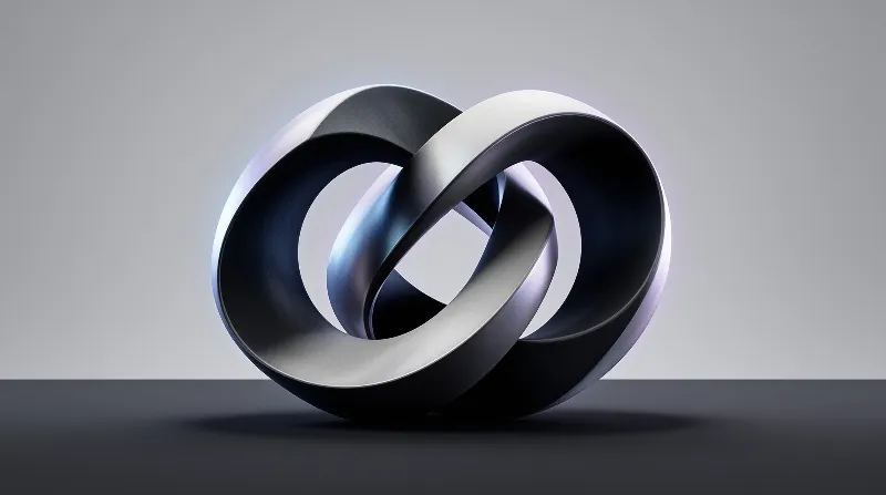 Two metallic bands twist together forming a knot on a dark platform with soft lighting and subtle blue reflections.