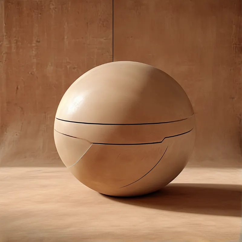 A beige sphere with dark horizontal lines sits on a wooden surface against a textured wall in soft natural light.