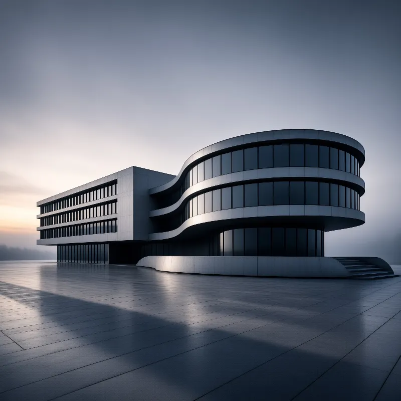 A modern concrete building with a curved right wing stands on a reflective plaza at dusk with fog in the background.