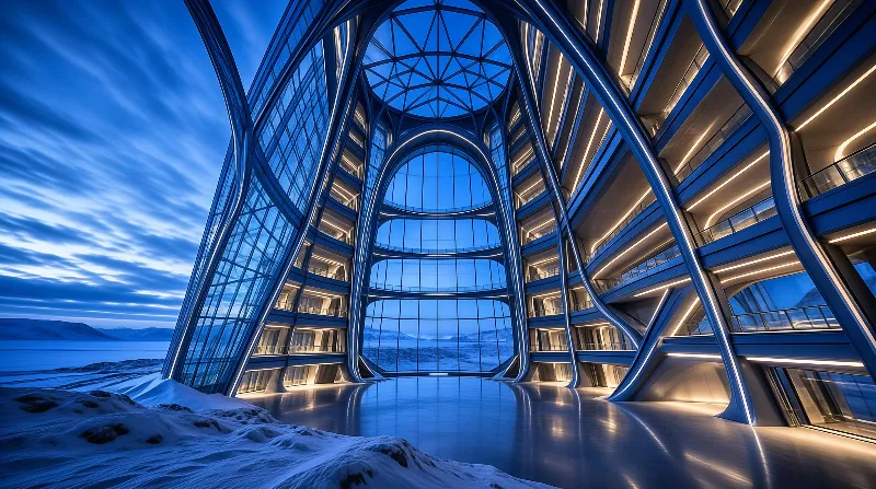 A futuristic parametric interior of ribbed glass and glowing light bands opens onto snow-covered mountains at dusk.