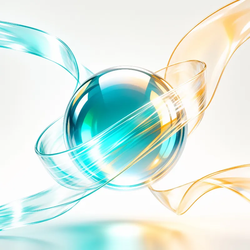 A shiny blue sphere floats in a white space while cyan and amber ribbons twist dynamically around its glossy surface.