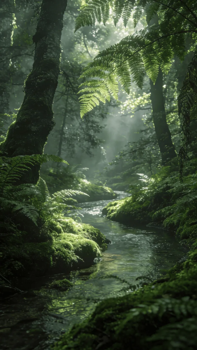Soft Moss and Ferns in Morning Light