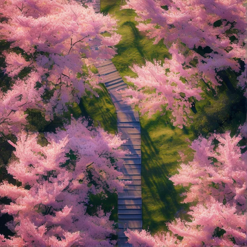 Overhead view of a wooden walkway cutting through lush pink trees and green grass under soft light.