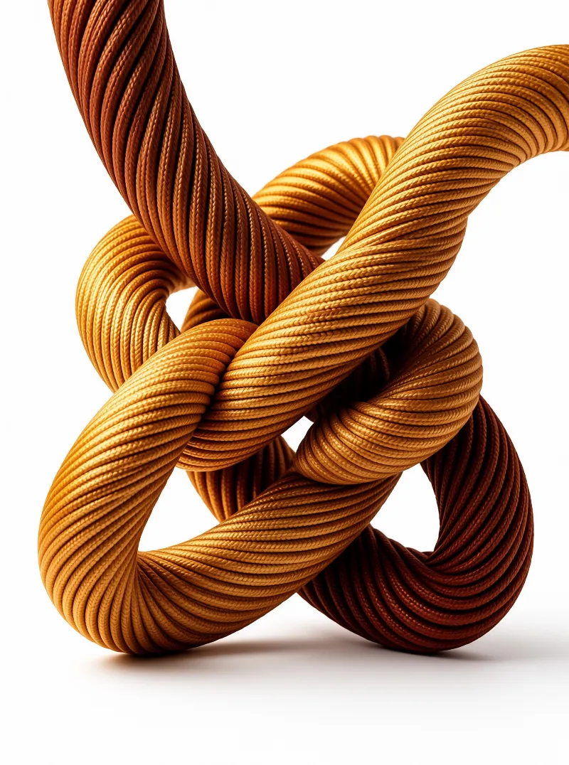 Two thick ropes in brown and gold hues twisted into a complex knot against a plain white backdrop.