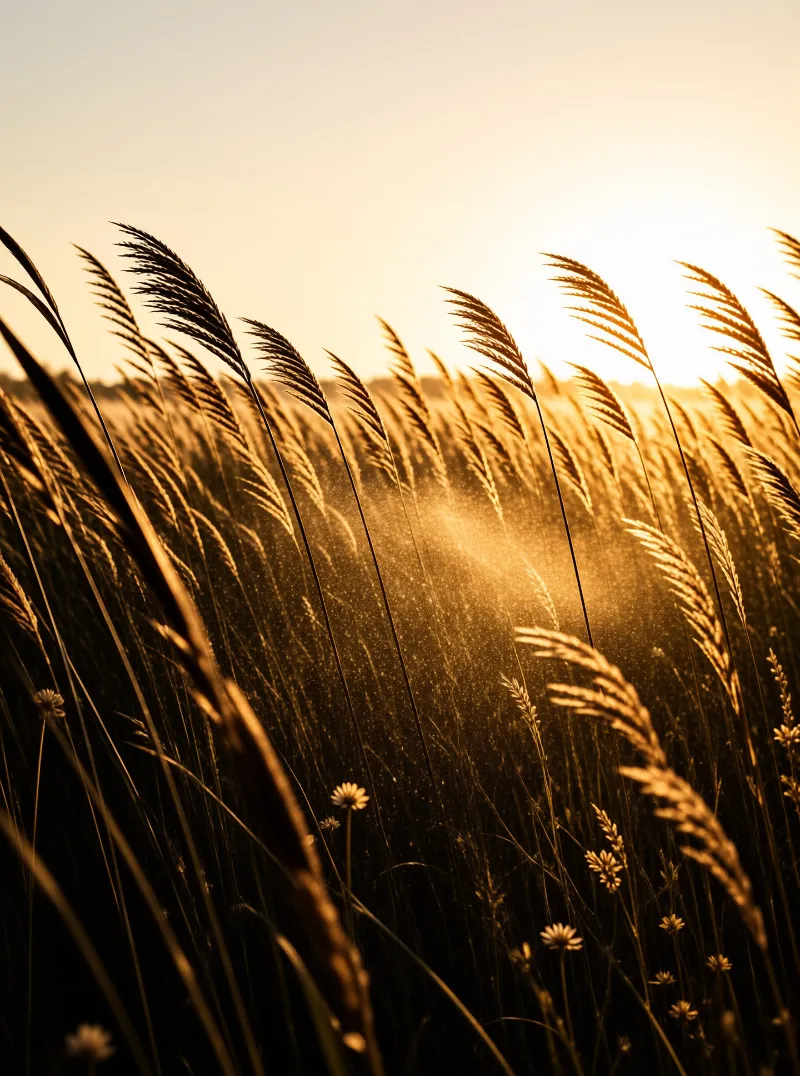 A close-up view of tall wild grass swaying in a meadow, illuminated by warm golden backlight from a low sun on the horizon.