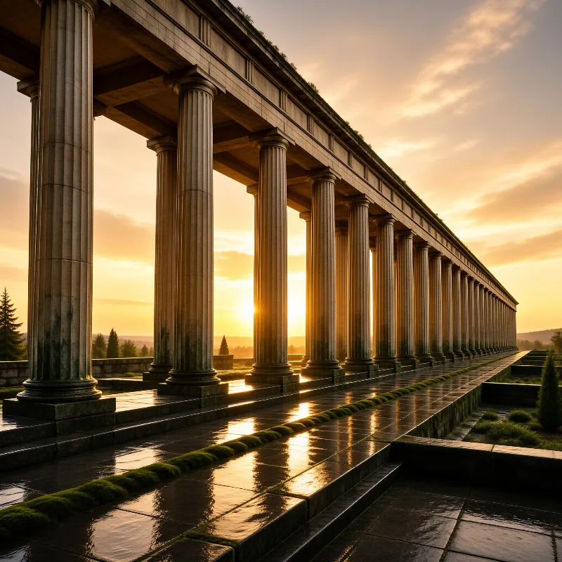 A long row of stone columns stands against a bright orange sky while sunlight reflects off the wet pavement below.