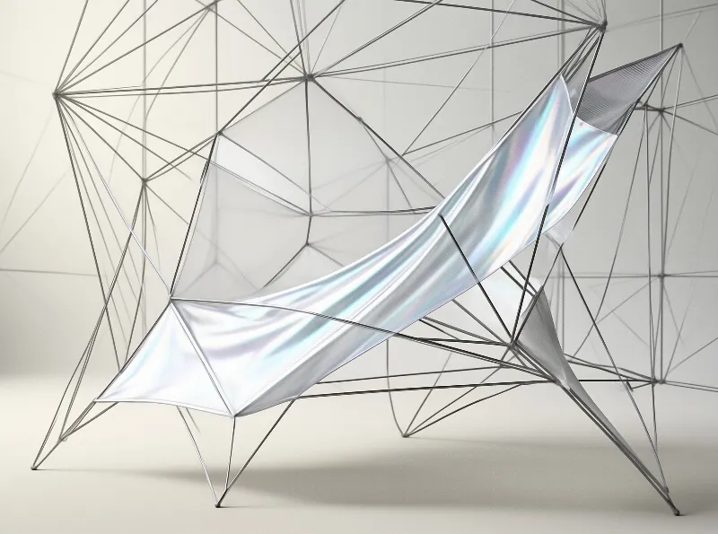 A geometric lounge chair displays a wireframe metal structure supporting a pearlescent fabric seat that shimmers with blue and white tones under soft lighting in a minimalist studio.