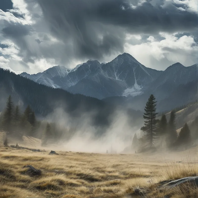 Snow-capped mountain ranges rise above foggy conifer forests and golden dry alpine meadows under heavy streaked cloud skies