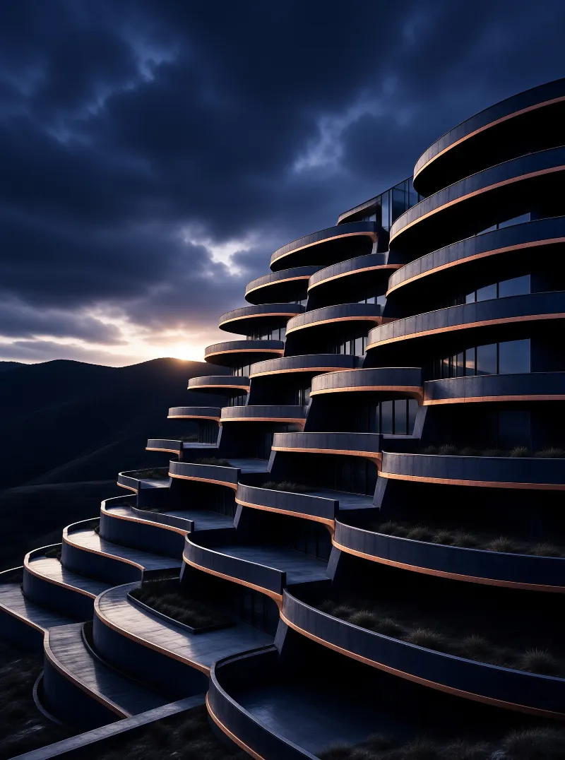 Wave shaped balconies stacked in receding tiers wrap a hillside building as the sun drops behind dark rolling hills.