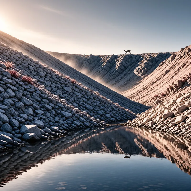 A solitary deer stands on a distant rocky ridge while a calm body of water reflects the surrounding hillsides bathed in warm sunlight.