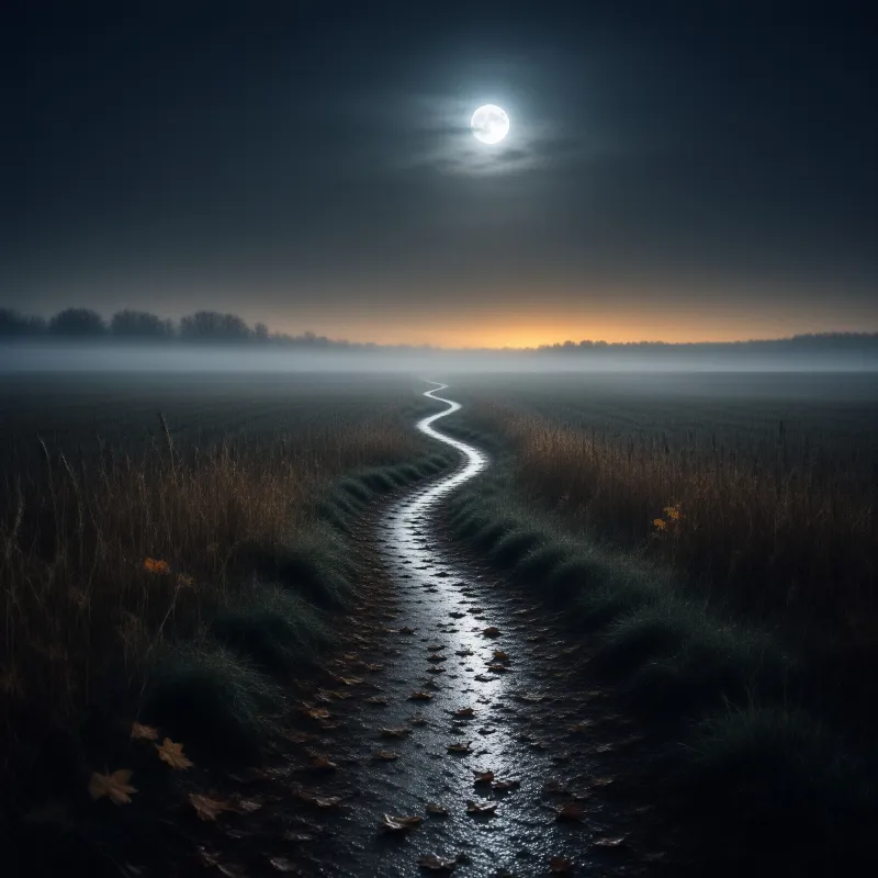 A wet dirt track winds through a misty field at night, reflecting the bright full moon and orange horizon glow.