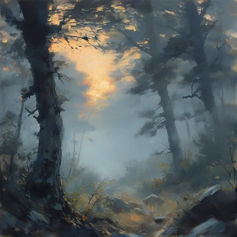 Loose brushwork builds a dim stand of tall dark trunks around a shaft of warm light breaking through pale blue fog.