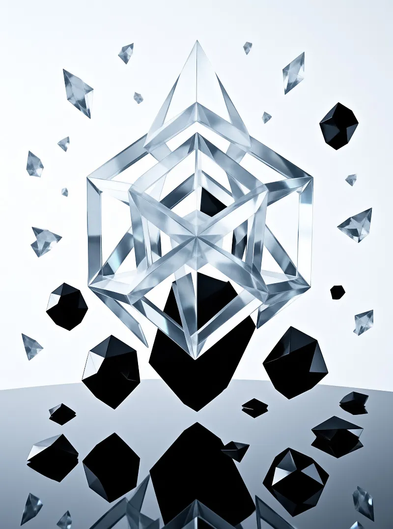 Transparent and black geometric crystal structures float centrally above a smooth reflective surface.