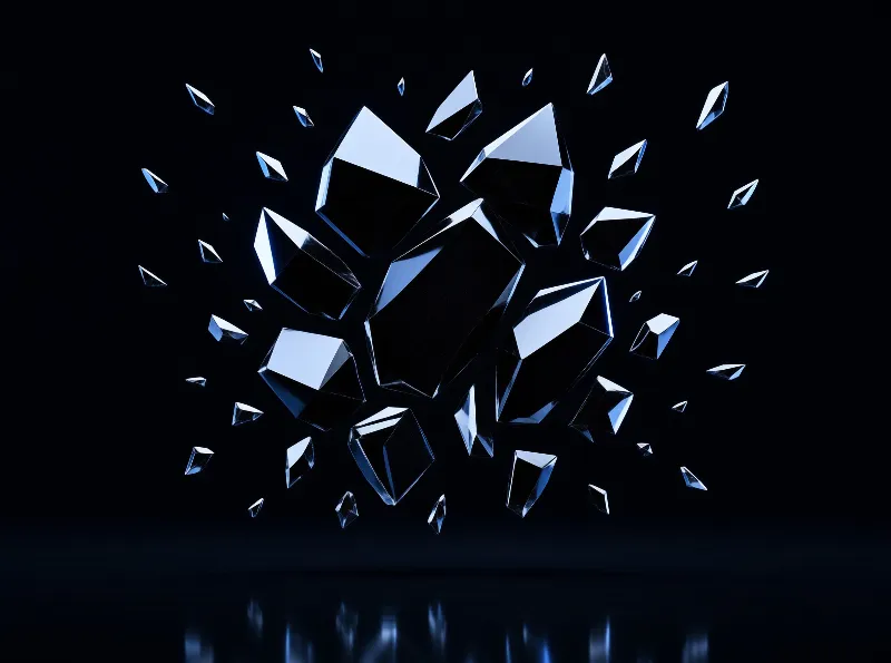 A cluster of sharp geometric crystal fragments hovers against a pitch black backdrop while bright blue highlights catch their faceted edges and cast soft reflections on the glossy surface below.