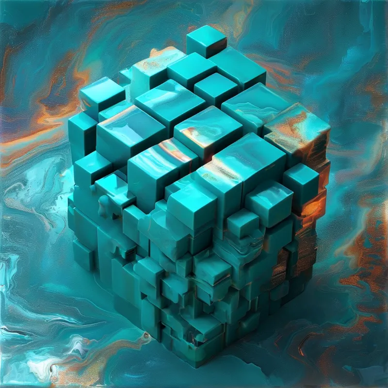 An irregular block formed by many teal cubic shapes floats against a background of swirling blue and orange liquid patterns.