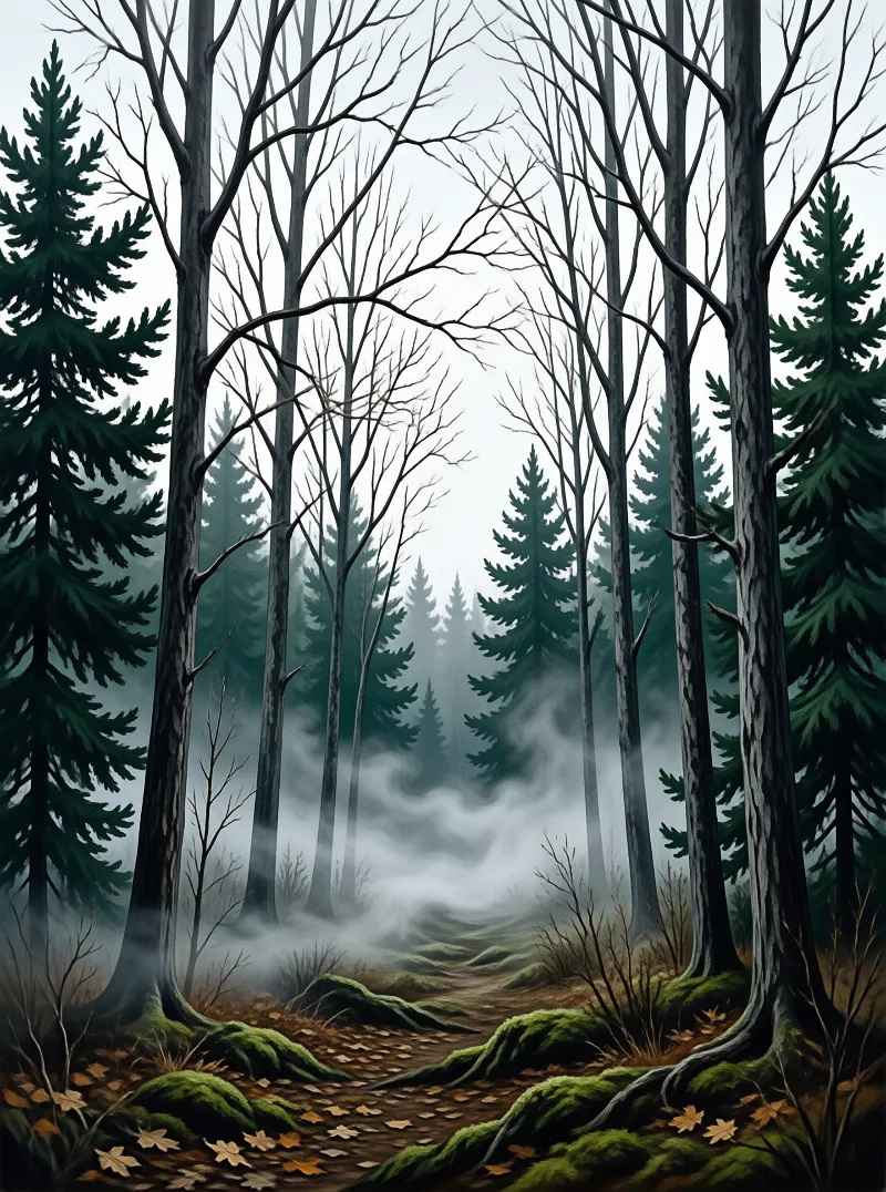 A dirt trail lined with moss covered exposed roots passes between bare leafless trees and tall dark conifers shrouded in low rolling fog.