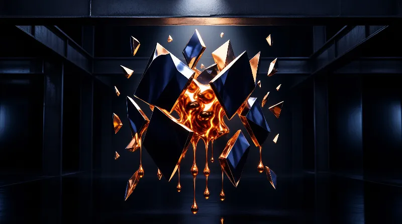 A central explosion of dark blue geometric shards and dripping golden liquid metal floats within a dimly lit industrial room featuring overhead beams and reflective surfaces.