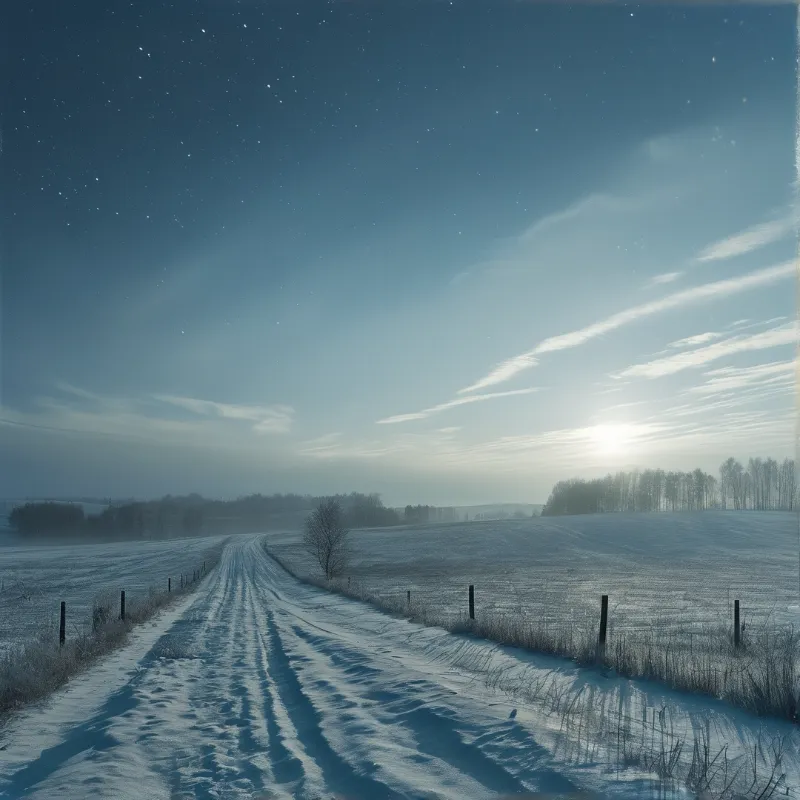 A snowy path curves through frozen fields under a bright sky dotted with faint stars near the horizon.
