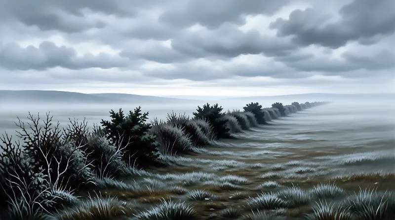 A line of leafless shrubs stretches through a foggy plain beneath a heavy overcast sky