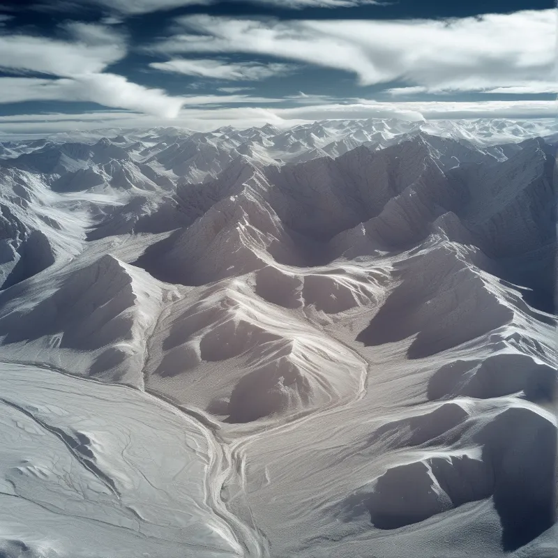 An expansive view of snow laden peaks and winding glacial valleys beneath a cloudy blue sky