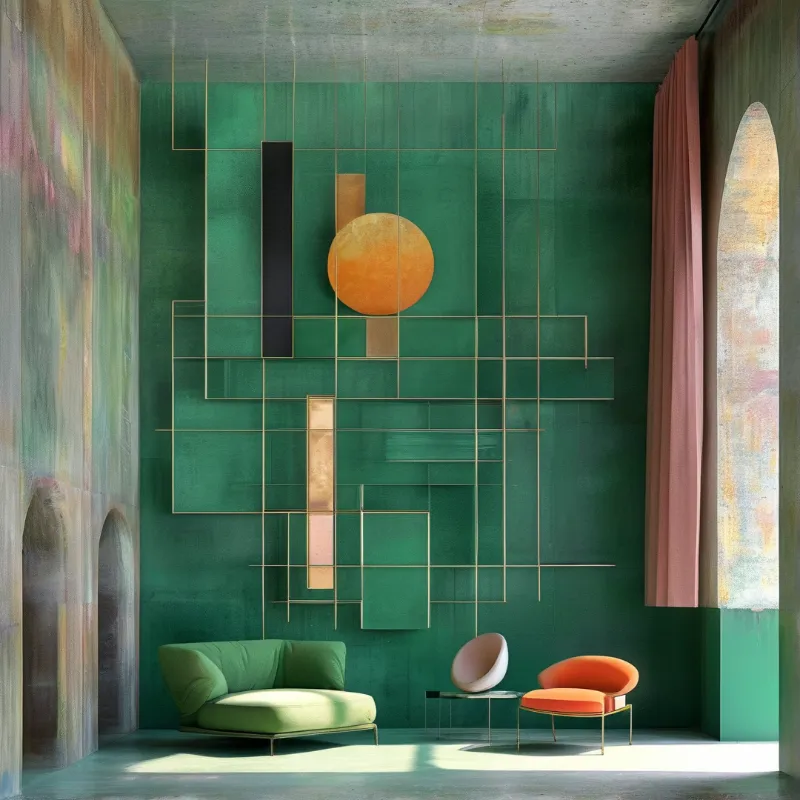 Emerald interior with abstract gold line shelving and colorful seating bathed in soft natural light from an arched window.