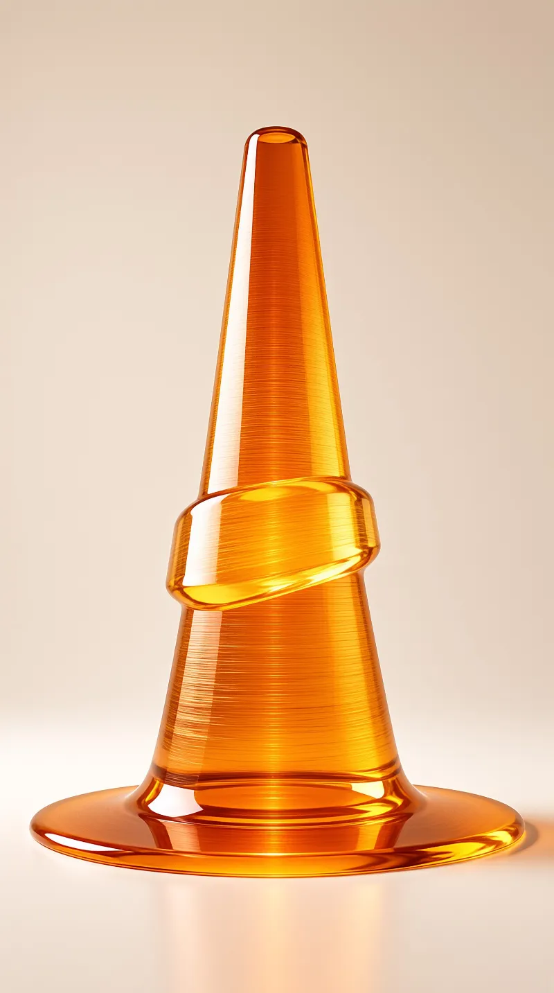 A translucent amber cone with a bulbous ring stands against a neutral beige background with soft lighting