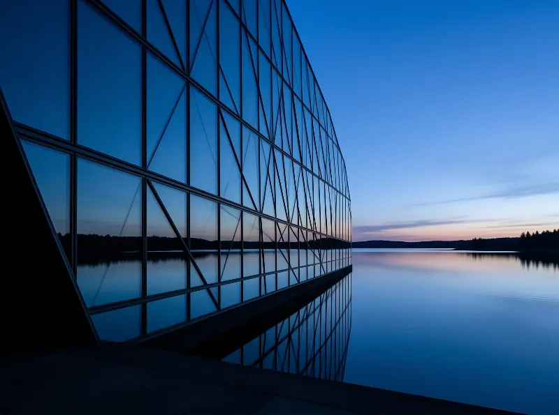 A curved glass structure sits beside a calm lake reflecting its geometric frame against a fading blue twilight sky.
