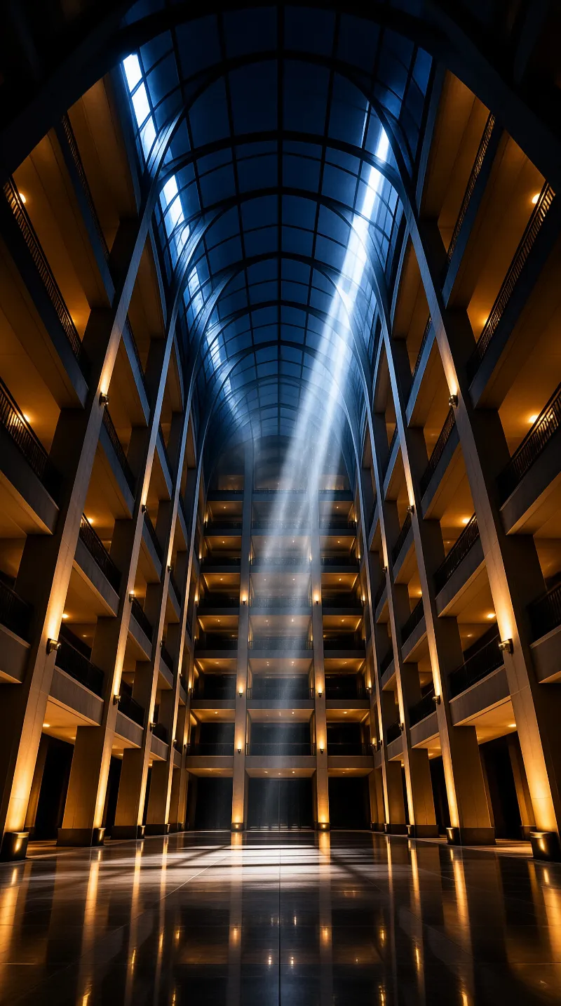 Interior view of a multi story atrium with a curved glass roof casting blue sunlight onto warm illuminated columns.