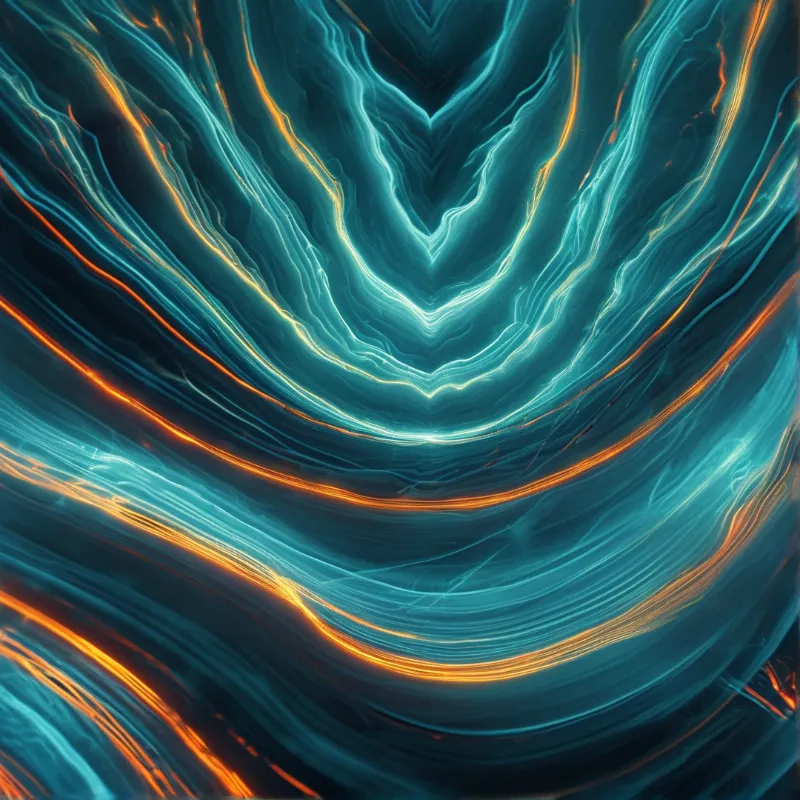 Symmetrical streaks of turquoise and bright orange curve inward like pigment stirred through deep water.