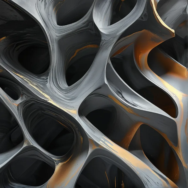 Glossy dark grey organic cells form an undulating lattice traced with streaks of warm amber light.