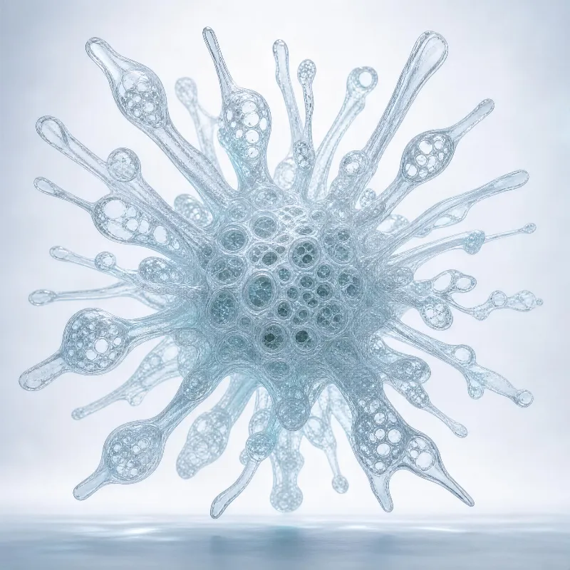 A translucent glass-like starburst sculpture with numerous bubbled protrusions, set against a light gray background and resting on a smooth, reflective surface.