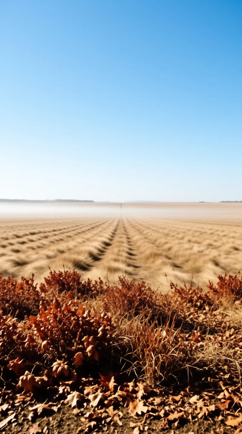Golden crop rows converge in the distance beneath a layer of white fog and a clear blue sky.