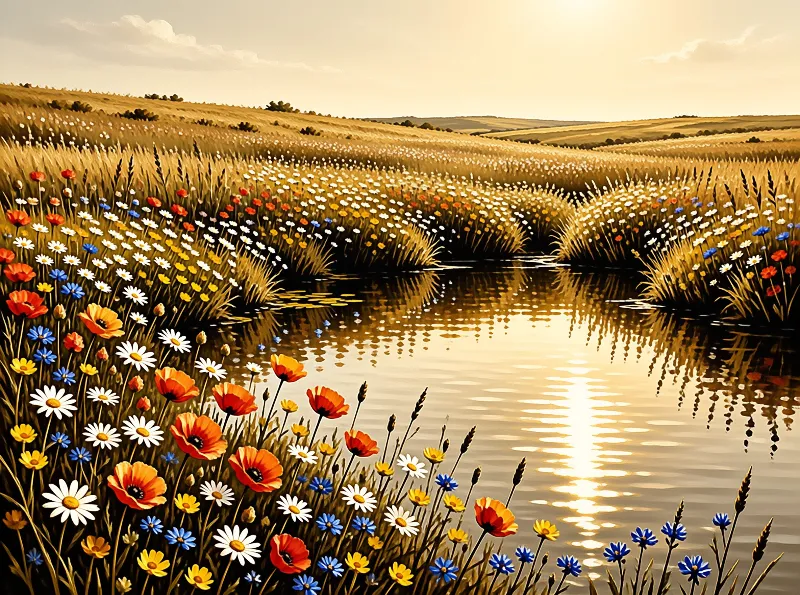A stream meanders through a field of wildflowers at golden hour reflecting colorful blooms and hills under warm light