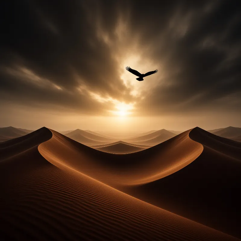 A silhouetted eagle flies high above undulating sand dunes in a desert landscape during a bright golden sunset.