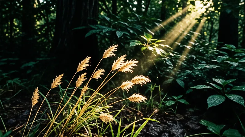 Sunbeams slant through dark woods onto a clump of dried seed grass glowing amber at the forest floor.