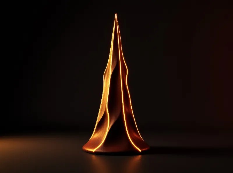 A tapered bronze spire with glowing gold seams sits centered on a deep matte dark shadowed background.